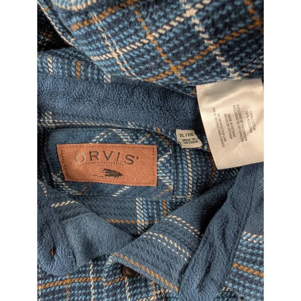 Orvis Mens Blue Plaid Flannel Shirt Jacket Fleece Lined Collar XL Cotton Shacket